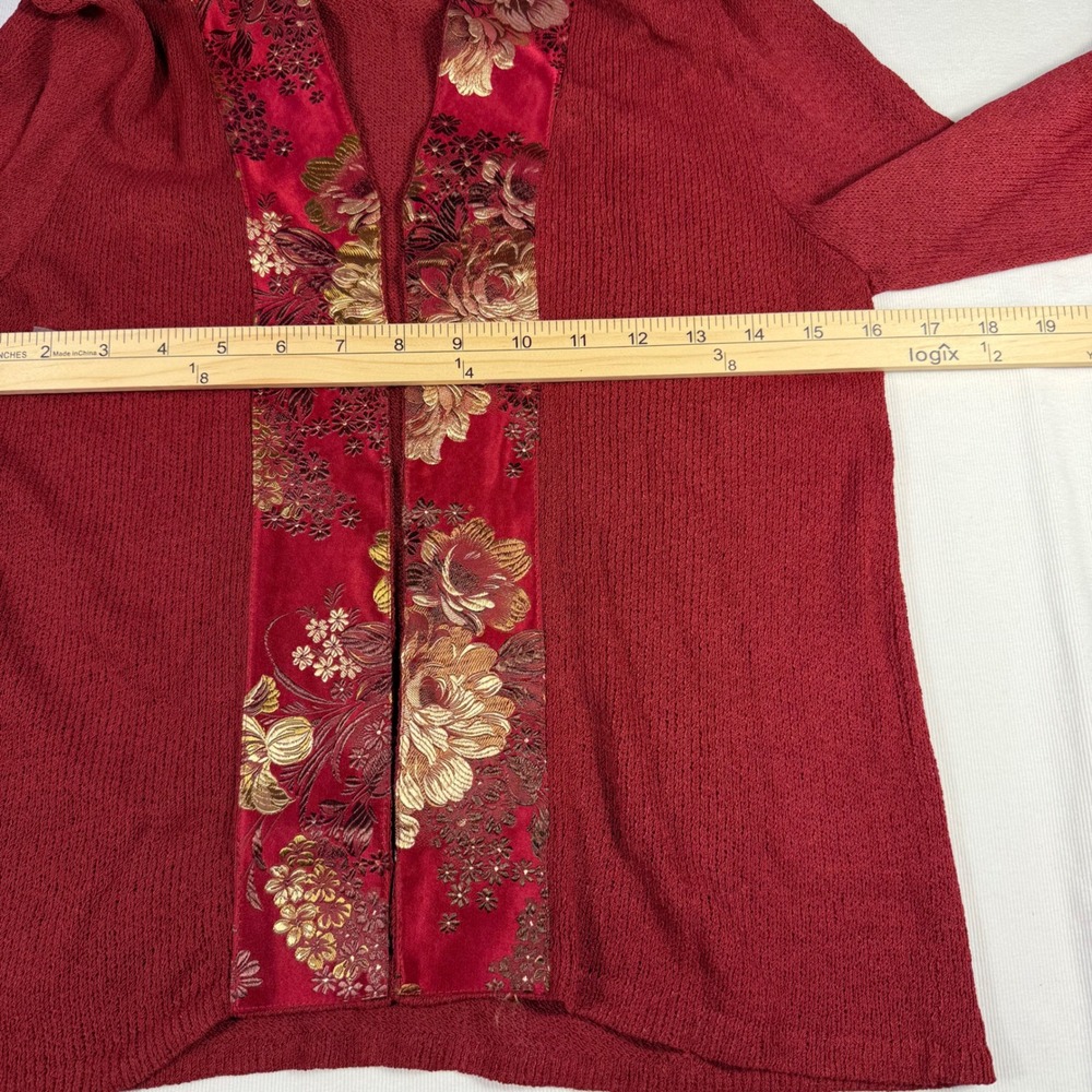Ball of Cotton Red Textured Knit Cardigan with Floral Brocade Trim Women's S - Picture 9 of 16